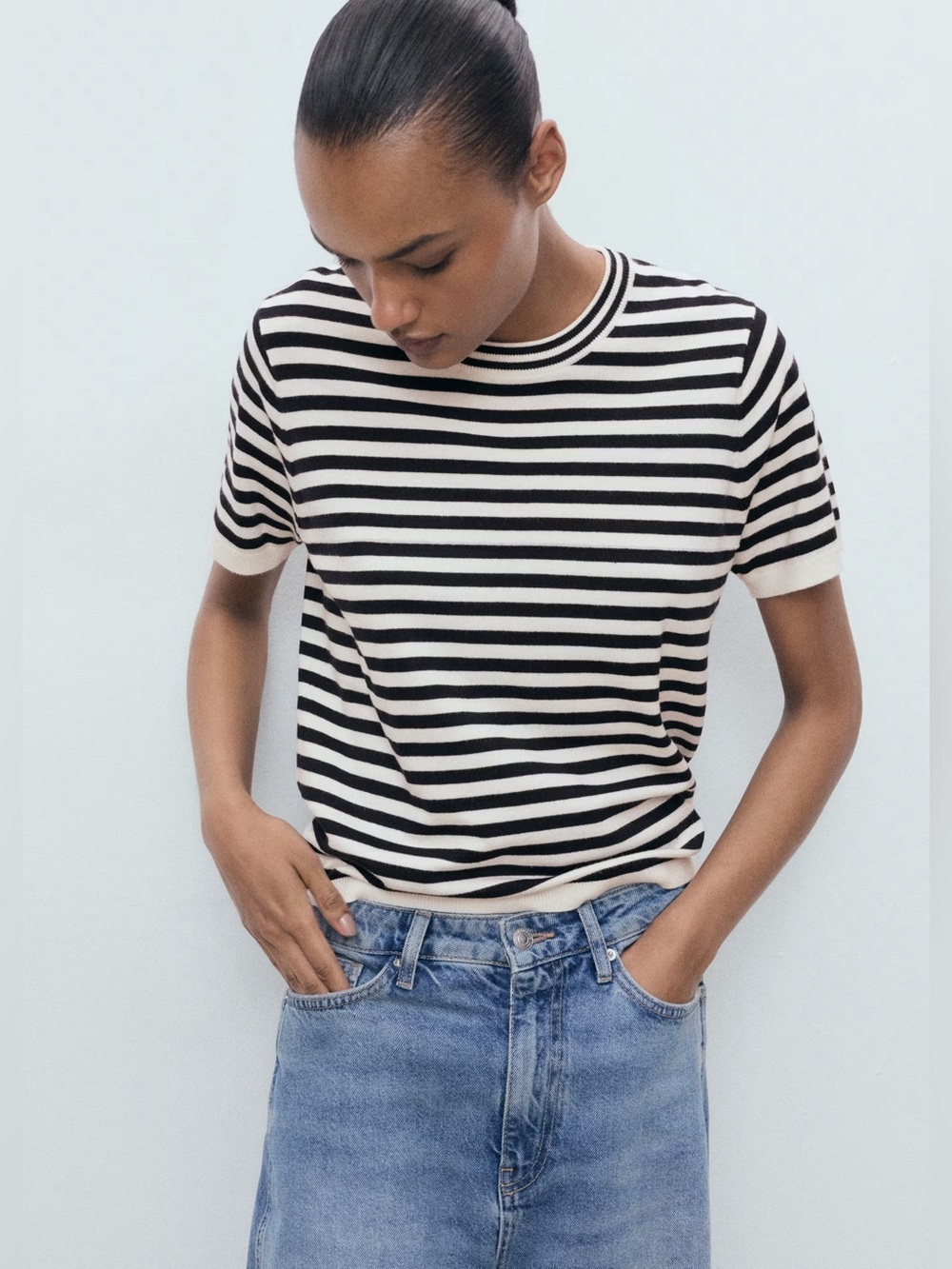 Mango Navy striped short-sleeved sweater NWT